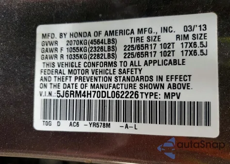 2013 Honda Cr-V Exl z USA, uszkodzony, nr VIN 5J6RM4H70DL062226